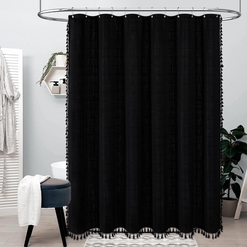 BTTN Extra Long Shower Curtain - 72x96 Inch Long Boho Chic Linen Fabric Heavy Duty Shower Curtain Set with Hooks  Tall Bohemian Farmhouse Luxury Tassel Cloth Shower Curtains for Bathroom - Black - Image 1