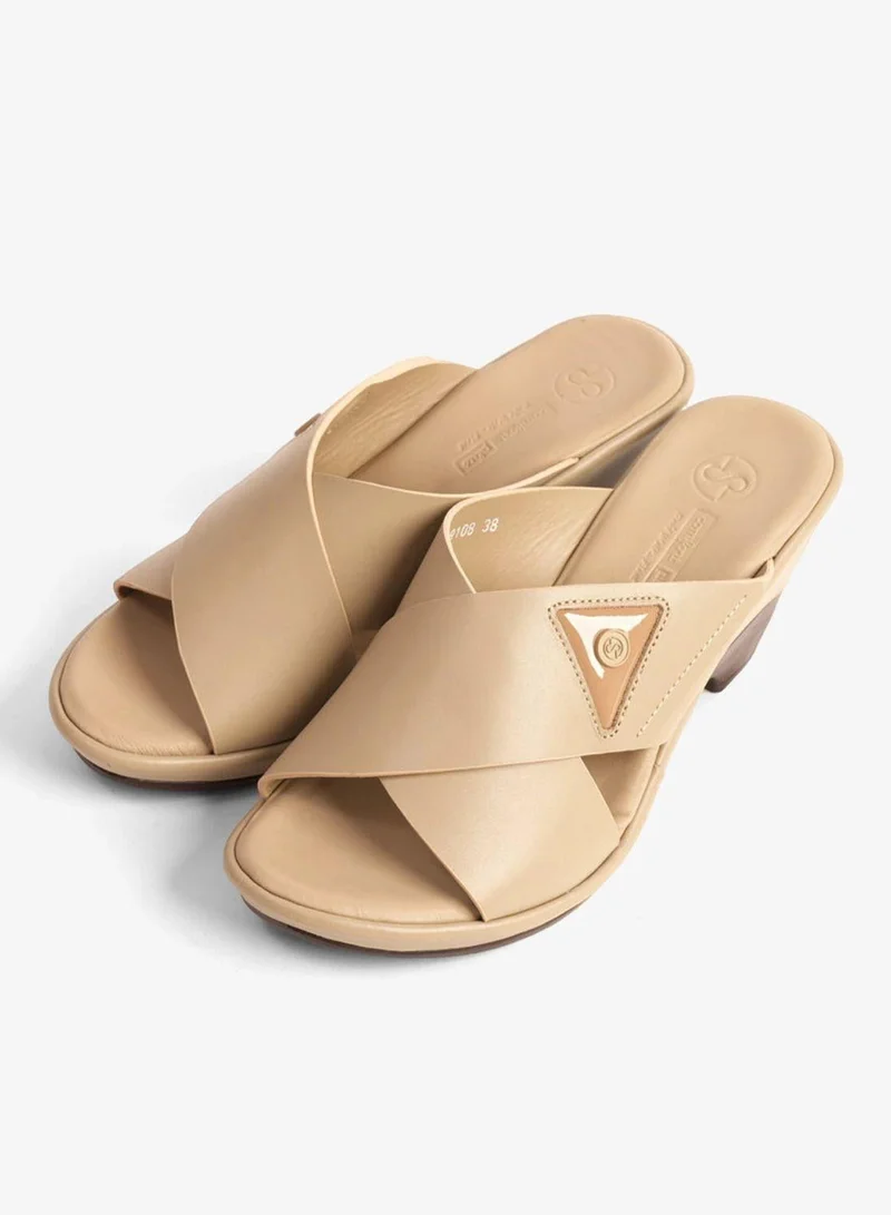 Comfort Plus  COMFORT PLUS LEATHER CROSS-STRAP WOMENS SLIDE SANDALS BEIGE for Women | Best Price UAE