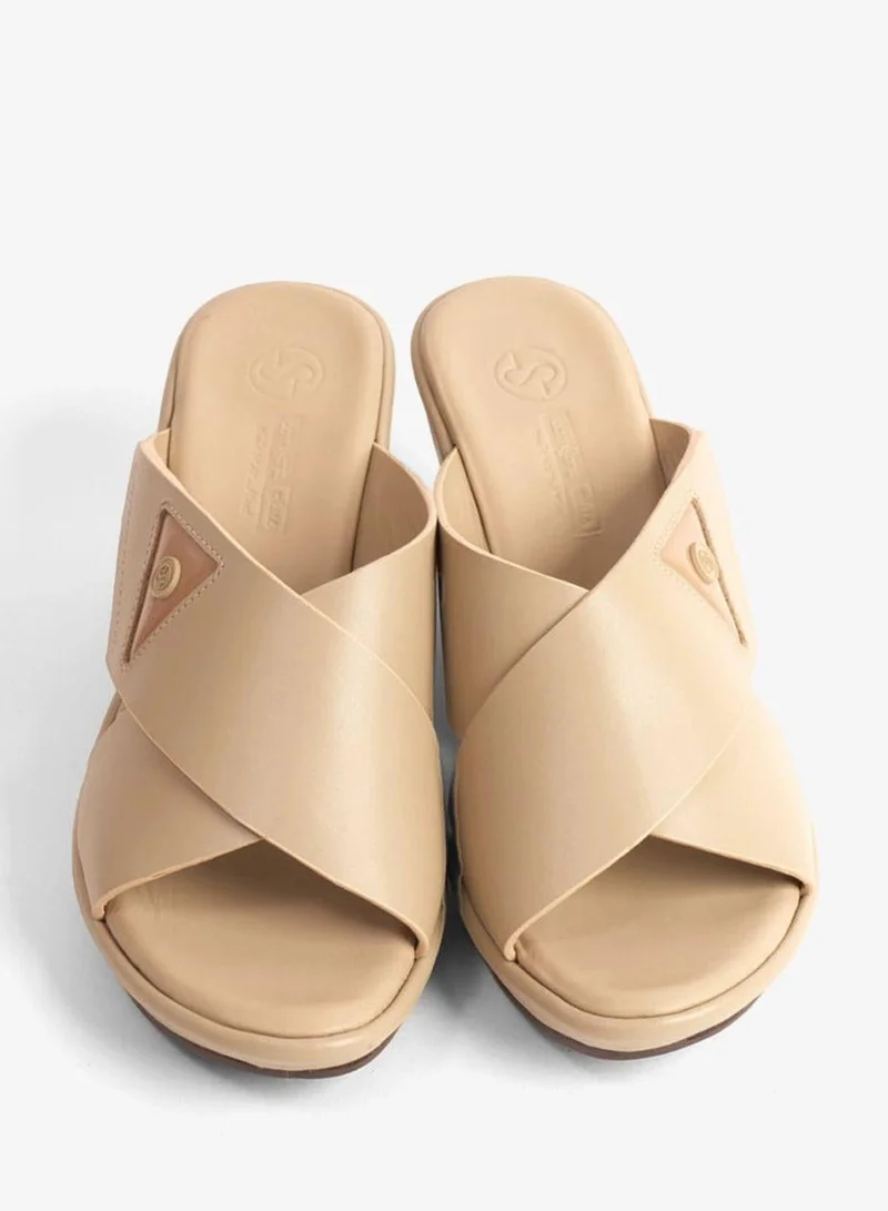 Comfort Plus  COMFORT PLUS LEATHER CROSS-STRAP WOMENS SLIDE SANDALS BEIGE for Women | Best Price UAE