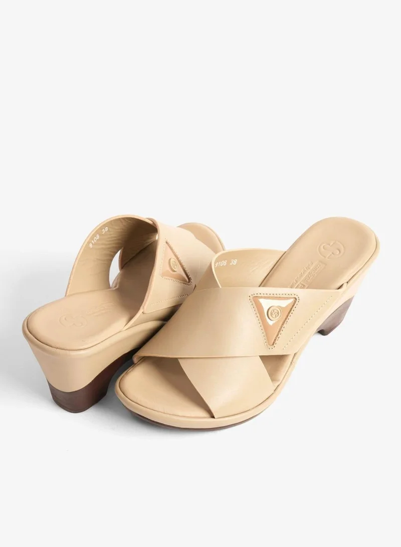 Comfort Plus  COMFORT PLUS LEATHER CROSS-STRAP WOMENS SLIDE SANDALS BEIGE for Women | Best Price UAE