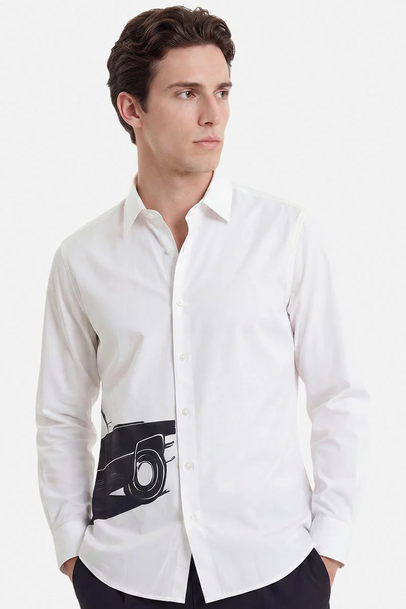 SNITCH White Graphic Long Sleeve Slim Fit Formal Shirt