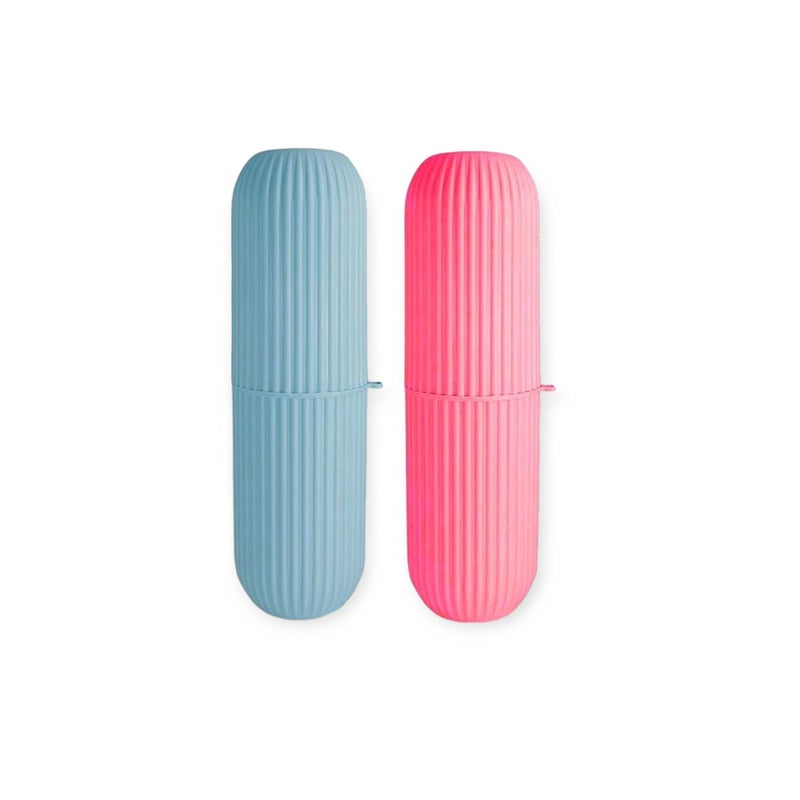 Toothbrush Travel Case, Ribbed Design, Pink and Blue, Set of 2 - Image 1