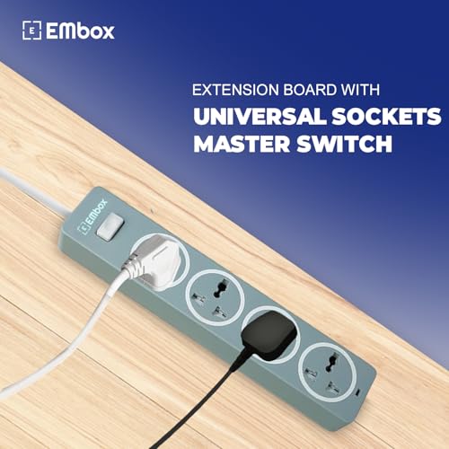 EMBOX 10A Extension Board with Master Switch-Extension Cord with 4 Universal Sockets-Spike Guard with Safety Shutter and LED Indicator-1500W (Grey-3 Meter Cable) - Image 4
