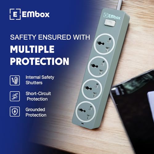 EMBOX 10A Extension Board with Master Switch-Extension Cord with 4 Universal Sockets-Spike Guard with Safety Shutter and LED Indicator-1500W (Grey-3 Meter Cable) - Image 2