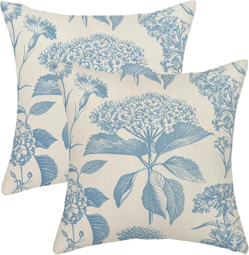 GOLIANDA Baby Blue Flower Pillow Covers 18x18 Set of 2 Vintage Floral Hydrangea Herbs Botanical Throw Pillows Outdoor Flower Decoration Pillowcase Linen Farmhouse Cushion Case Decorative for Couch Sofa - Image 1