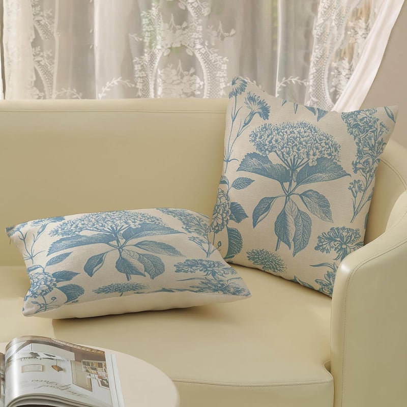 GOLIANDA Baby Blue Flower Pillow Covers 18x18 Set of 2 Vintage Floral Hydrangea Herbs Botanical Throw Pillows Outdoor Flower Decoration Pillowcase Linen Farmhouse Cushion Case Decorative for Couch Sofa - Image 5