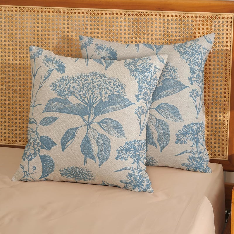 GOLIANDA Baby Blue Flower Pillow Covers 18x18 Set of 2 Vintage Floral Hydrangea Herbs Botanical Throw Pillows Outdoor Flower Decoration Pillowcase Linen Farmhouse Cushion Case Decorative for Couch Sofa - Image 3