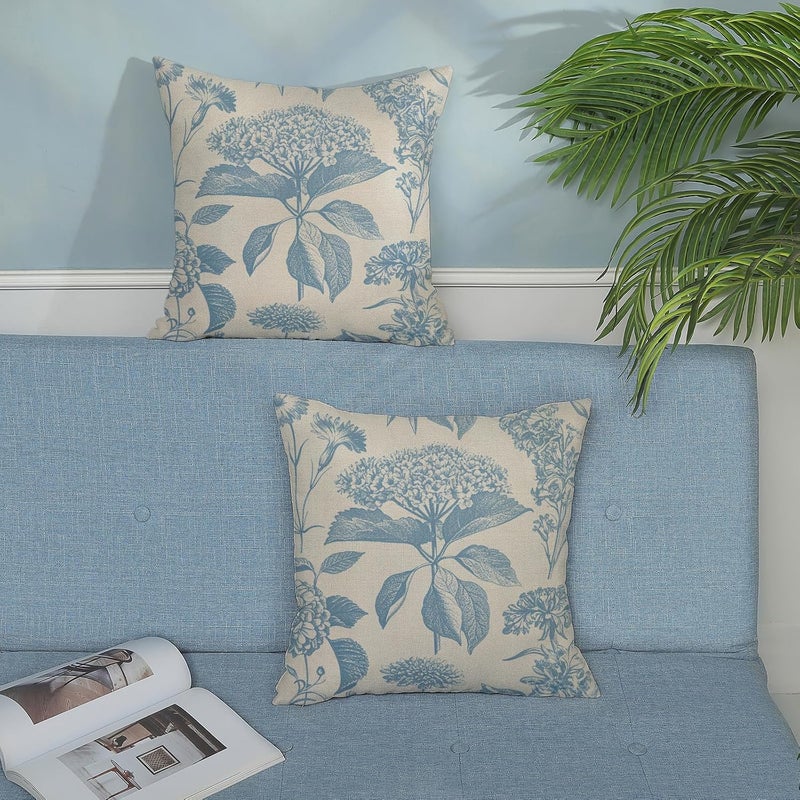 GOLIANDA Baby Blue Flower Pillow Covers 18x18 Set of 2 Vintage Floral Hydrangea Herbs Botanical Throw Pillows Outdoor Flower Decoration Pillowcase Linen Farmhouse Cushion Case Decorative for Couch Sofa - Image 4