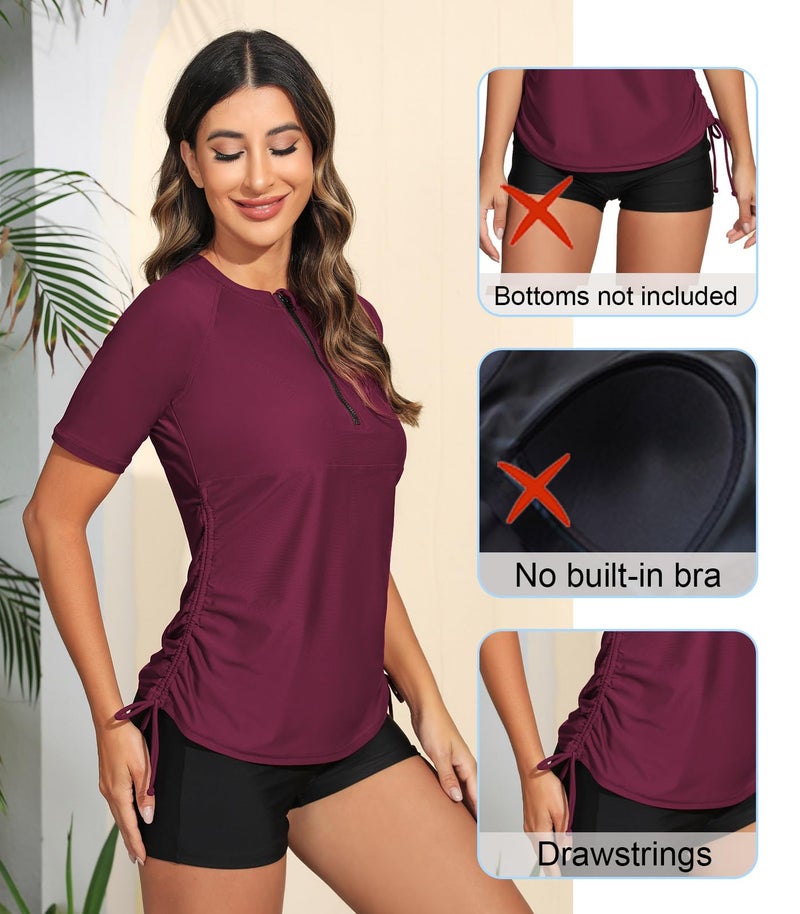 Halcurt Women's Half Zip Short Sleeve Rash Guard Swimsuit Top Ruched Swim Shirt UPF50+ Quick Dry Bathing Suit Burgundy XL - Image 4
