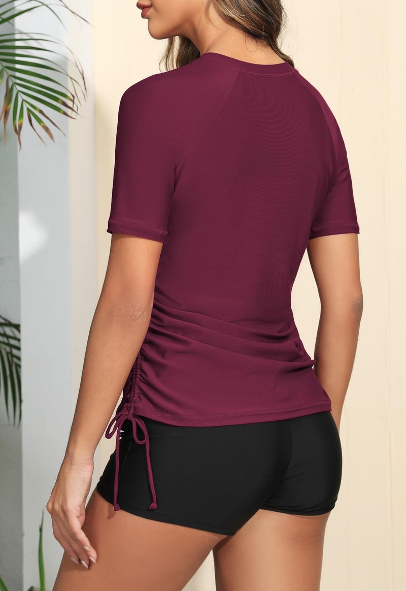 Halcurt Women's Half Zip Short Sleeve Rash Guard Swimsuit Top Ruched Swim Shirt UPF50+ Quick Dry Bathing Suit Burgundy XL - Image 5
