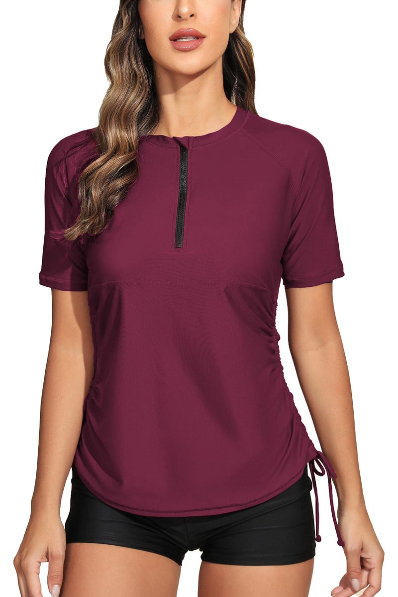 Halcurt Women's Half Zip Short Sleeve Rash Guard Swimsuit Top Ruched Swim Shirt UPF50+ Quick Dry Bathing Suit Burgundy XL - Image 1