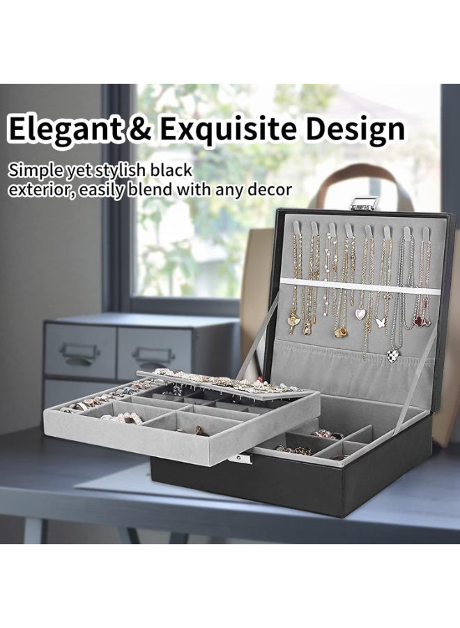 Soofam Jewelry Box for Women & Men with PU Leather, 2 Layer Large Jewelry Organizer Storage Case with Lock, for Necklace Bracelets Earrings Rings, Jewelry Organizer Boxes Ideal Gift, Black - Image 3