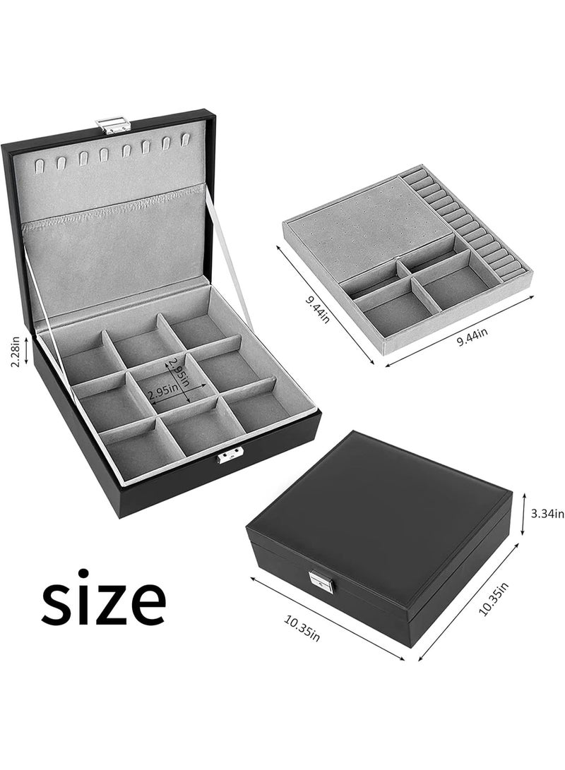 Soofam Jewelry Box for Women & Men with PU Leather, 2 Layer Large Jewelry Organizer Storage Case with Lock, for Necklace Bracelets Earrings Rings, Jewelry Organizer Boxes Ideal Gift, Black - Image 5