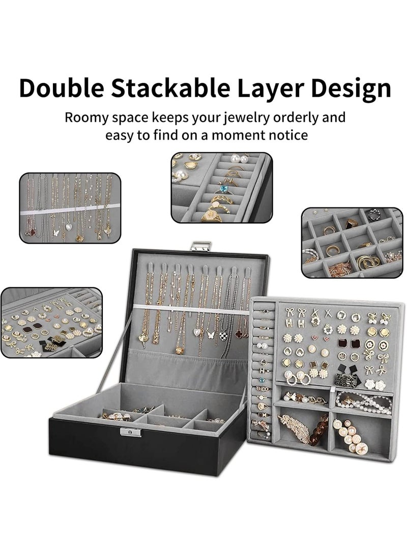 Soofam Jewelry Box for Women & Men with PU Leather, 2 Layer Large Jewelry Organizer Storage Case with Lock, for Necklace Bracelets Earrings Rings, Jewelry Organizer Boxes Ideal Gift, Black - Image 4