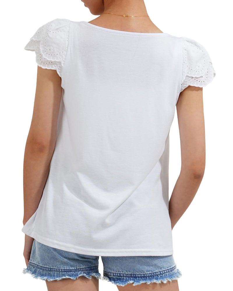 KEREDA Girls Short Sleeve Shirts Summer Tunic Tops Lace Openwork Ruffled Girls Cute Square Neck Clothes Blouse White 11-12Y - Image 5