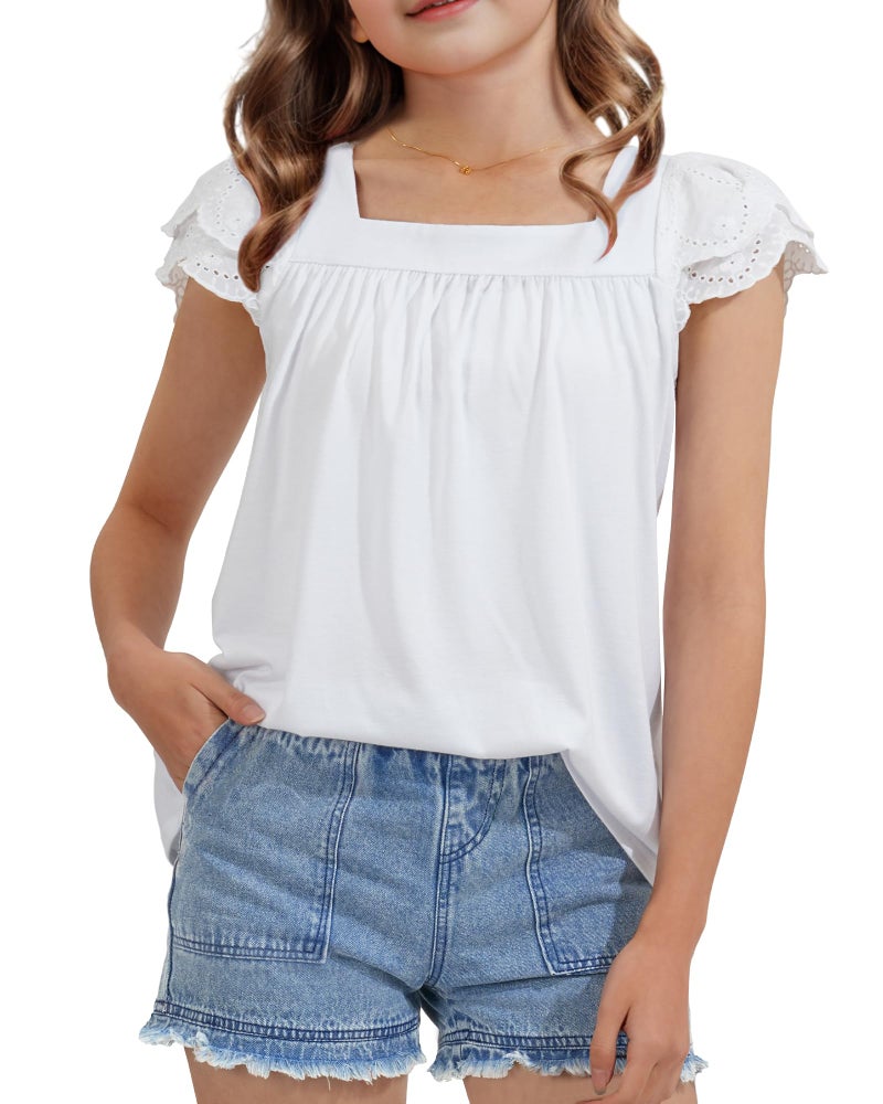 KEREDA Girls Short Sleeve Shirts Summer Tunic Tops Lace Openwork Ruffled Girls Cute Square Neck Clothes Blouse White 11-12Y - Image 1