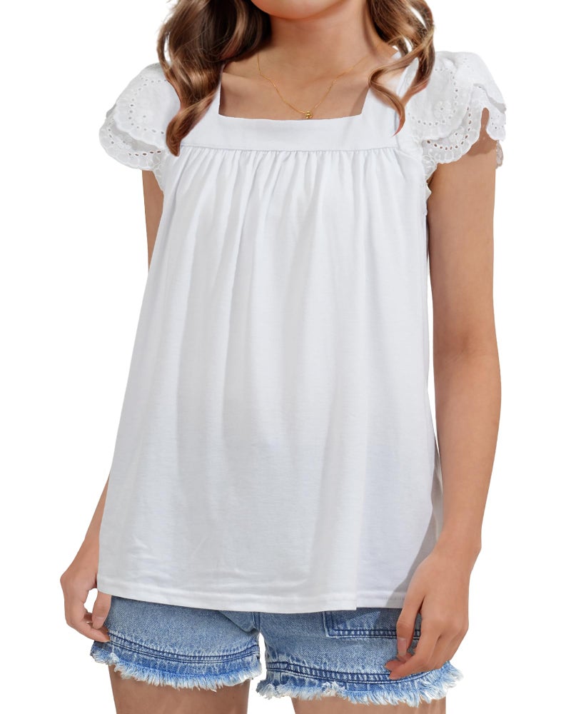 KEREDA Girls Short Sleeve Shirts Summer Tunic Tops Lace Openwork Ruffled Girls Cute Square Neck Clothes Blouse White 11-12Y - Image 2