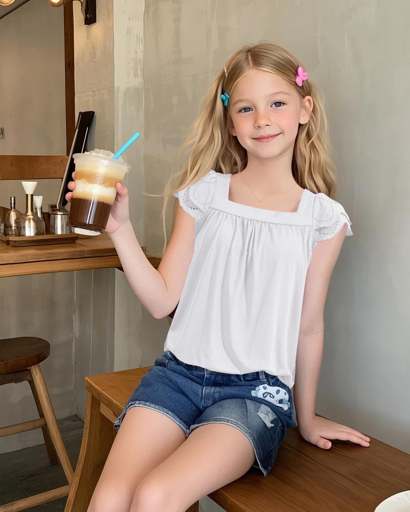 KEREDA Girls Short Sleeve Shirts Summer Tunic Tops Lace Openwork Ruffled Girls Cute Square Neck Clothes Blouse White 11-12Y - Image 3