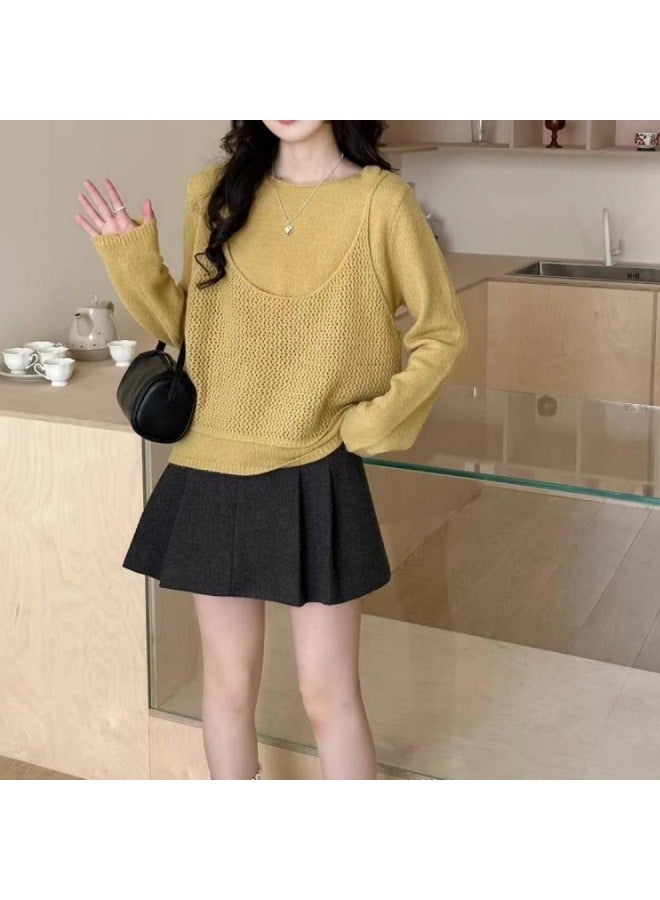 Leyuan Autumn Winter New Fake Two-piece Round Neck Pullover Fashion Knitted Top Youthful Loose Lazy Women's Sweater - Image 1