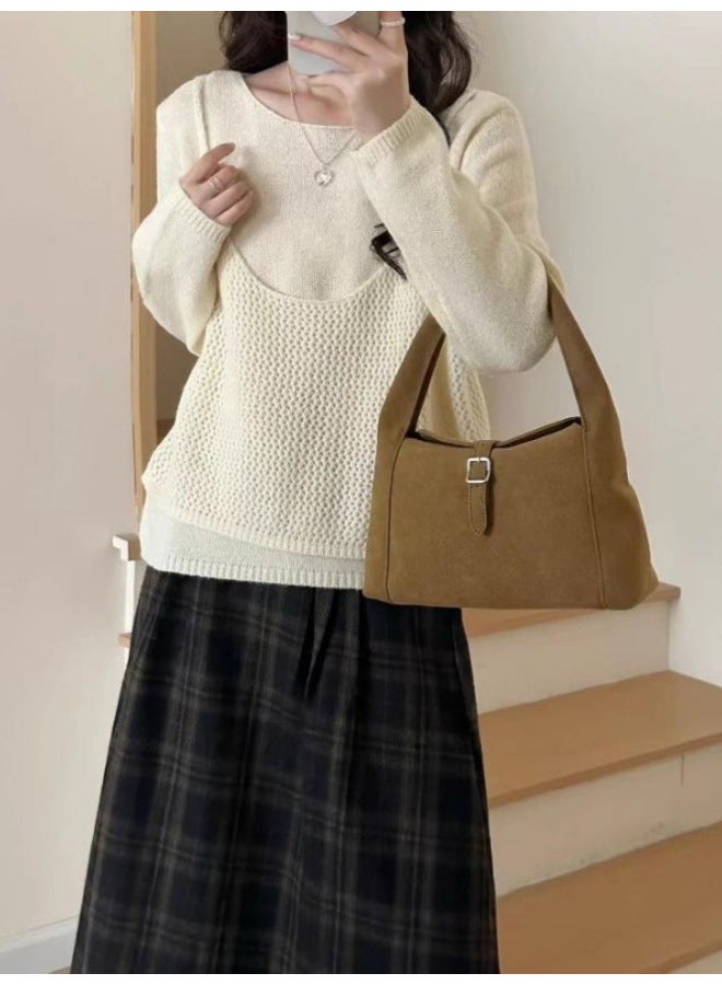 Leyuan Autumn Winter New Fake Two-piece Round Neck Pullover Fashion Knitted Top Youthful Loose Lazy Women's Sweater - Image 5