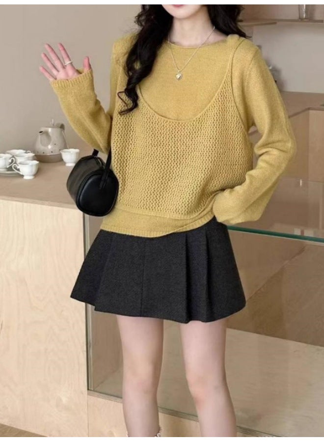 Leyuan Autumn Winter New Fake Two-piece Round Neck Pullover Fashion Knitted Top Youthful Loose Lazy Women's Sweater - Image 2