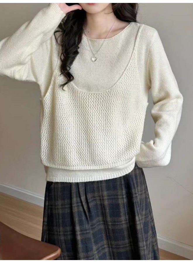Leyuan Autumn Winter New Fake Two-piece Round Neck Pullover Fashion Knitted Top Youthful Loose Lazy Women's Sweater - Image 3