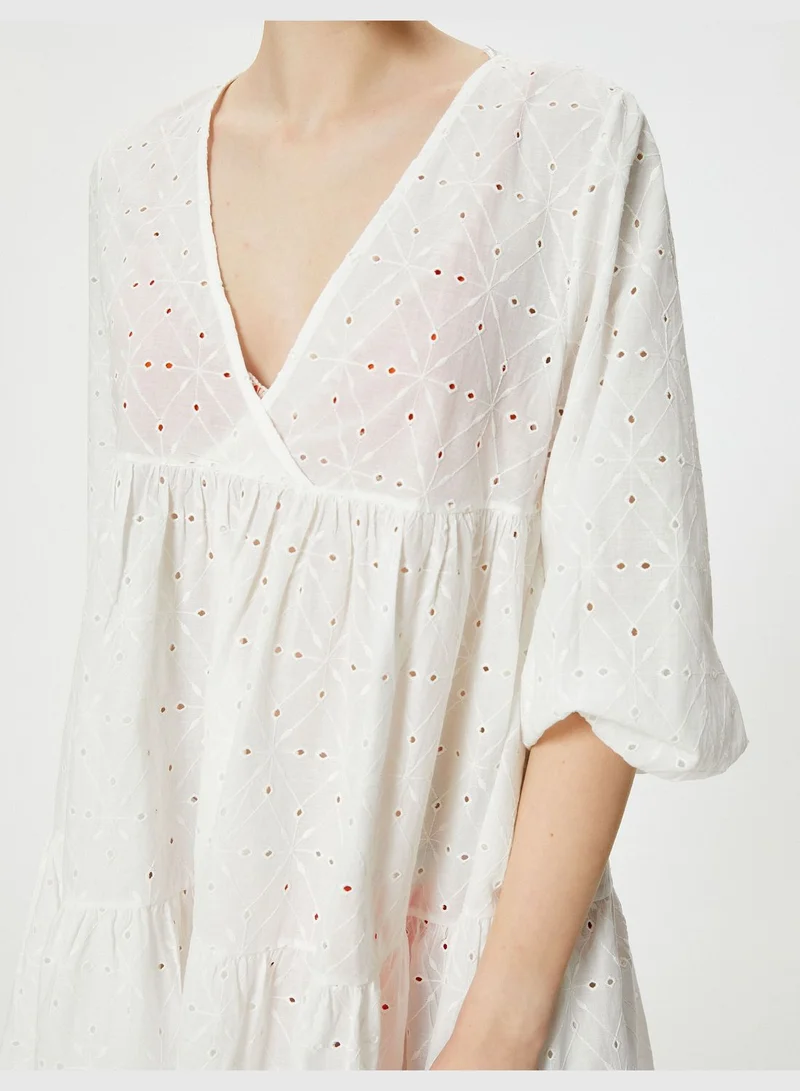 KOTON Voluminous V Neck Puf Sleeve Beach Dress