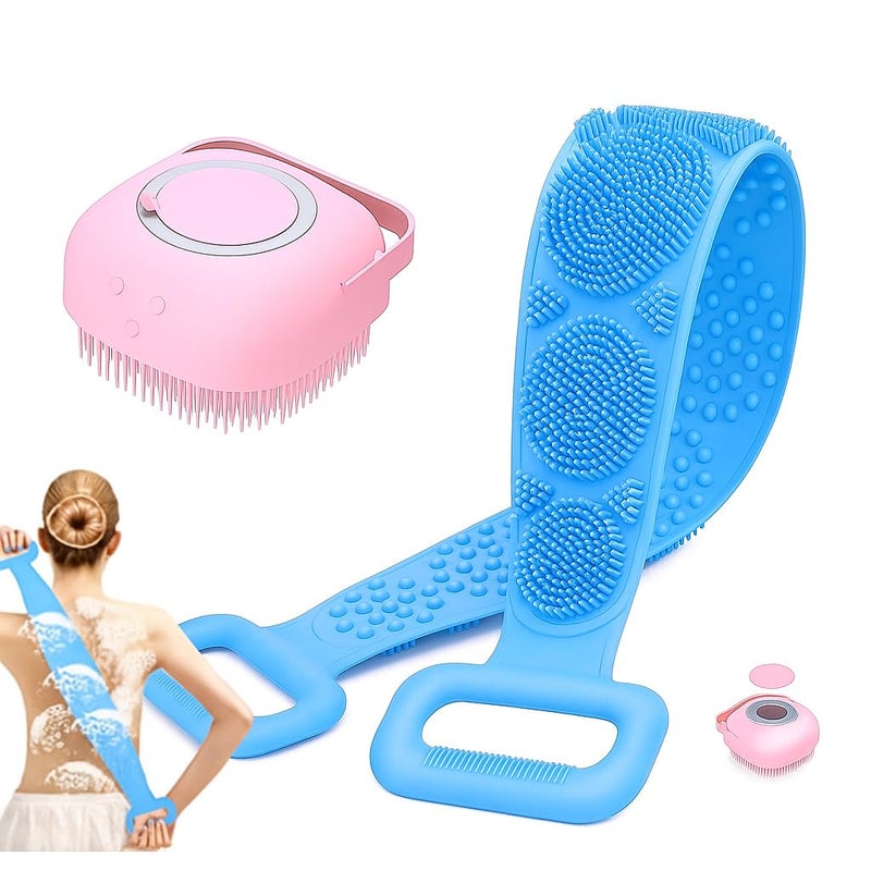 FIGMENT Silicone Body Back Scrubber - Blue Double Side Bathing Brush for Skin Deep Cleaning Massage | Dead Skin Removal Exfoliating Belt for Shower| Back Body Scruber - Image 1