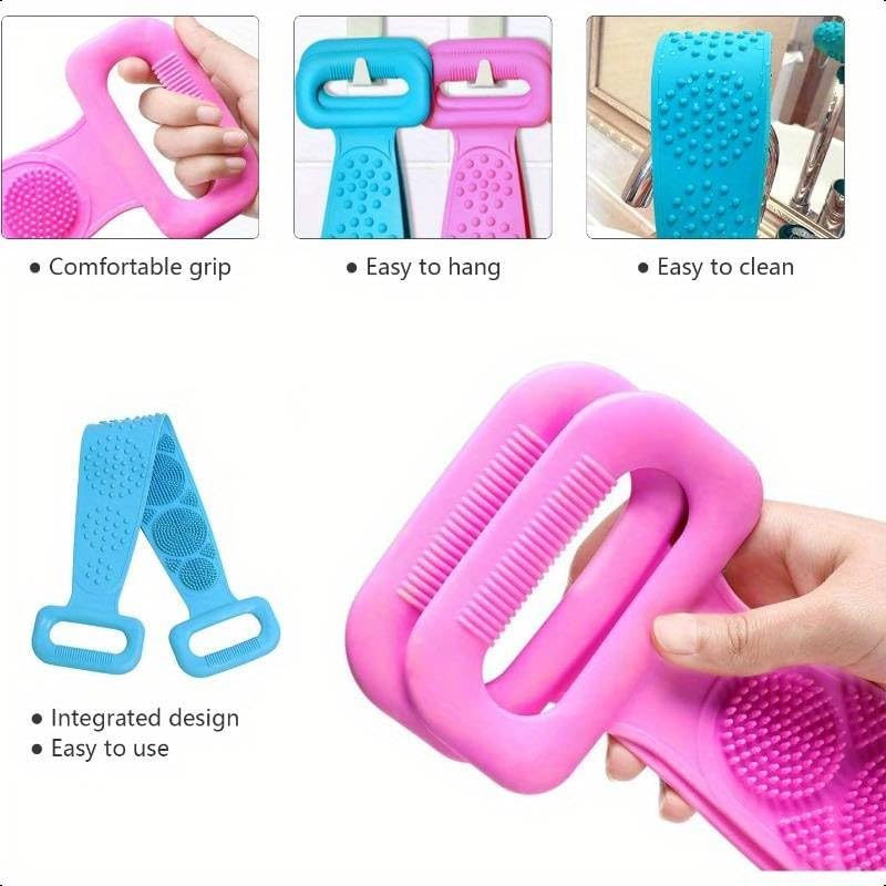 FIGMENT Silicone Body Back Scrubber - Blue Double Side Bathing Brush for Skin Deep Cleaning Massage | Dead Skin Removal Exfoliating Belt for Shower| Back Body Scruber - Image 3
