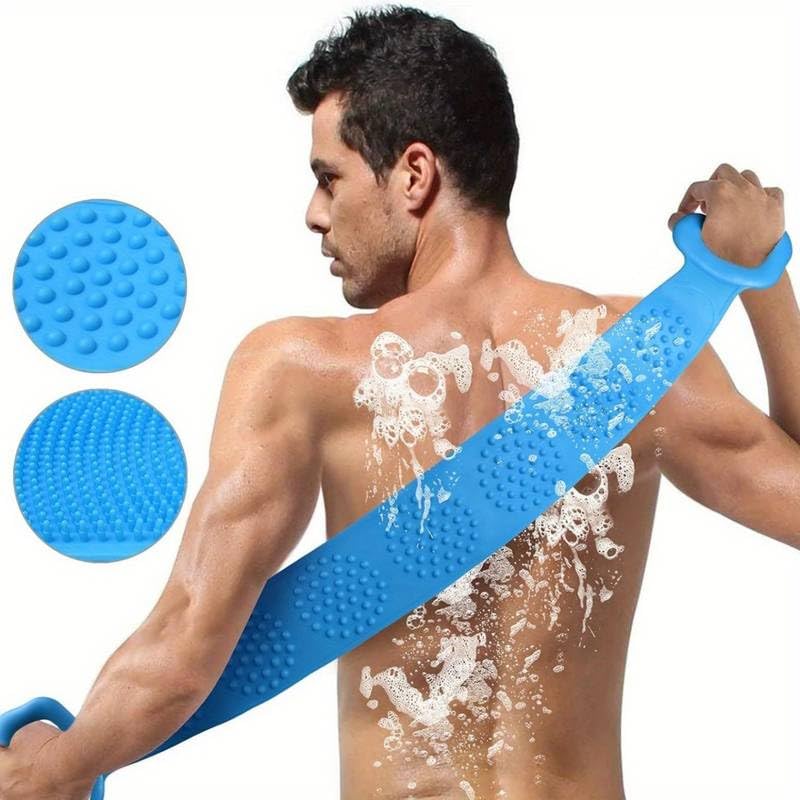 FIGMENT Silicone Body Back Scrubber - Blue Double Side Bathing Brush for Skin Deep Cleaning Massage | Dead Skin Removal Exfoliating Belt for Shower| Back Body Scruber - Image 2