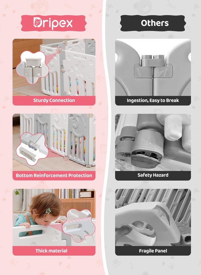 Dripex Baby Playpen, 14-Panel Foldable Playard for Toddlers 6-36 Months, Adjustable & Portable Indoor Outdoor Safety Play Area with Anti-Pinch Design, Game Panel and Safety Gate, Grey White - Image 5