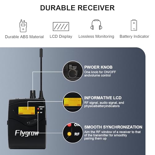 Flygrow UHF Dual Wireless in-Ear Monitor System with Earphone, Metal Wireless IEM System, Sturdy Bodypack Receiver, 80 Adjustable Frequencies,164ft Range, Ideal for Stage & Studio (2 Bodypack) - Image 3