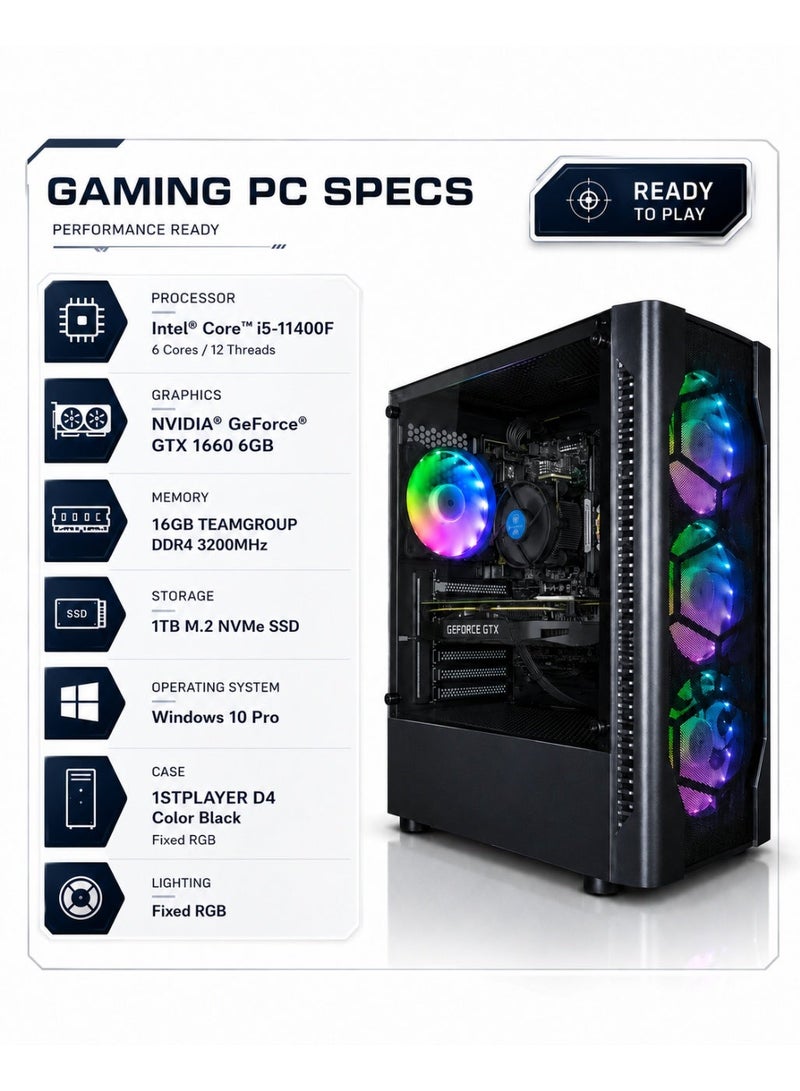 TMD Gaming PC GTX 1660 GPU Intel Core i5-11400F 16GB RAM 3200MHz 1TB M.2 SSD Windows 10 Pro Free DK9 Gaming Combo Gift black - Image 2
