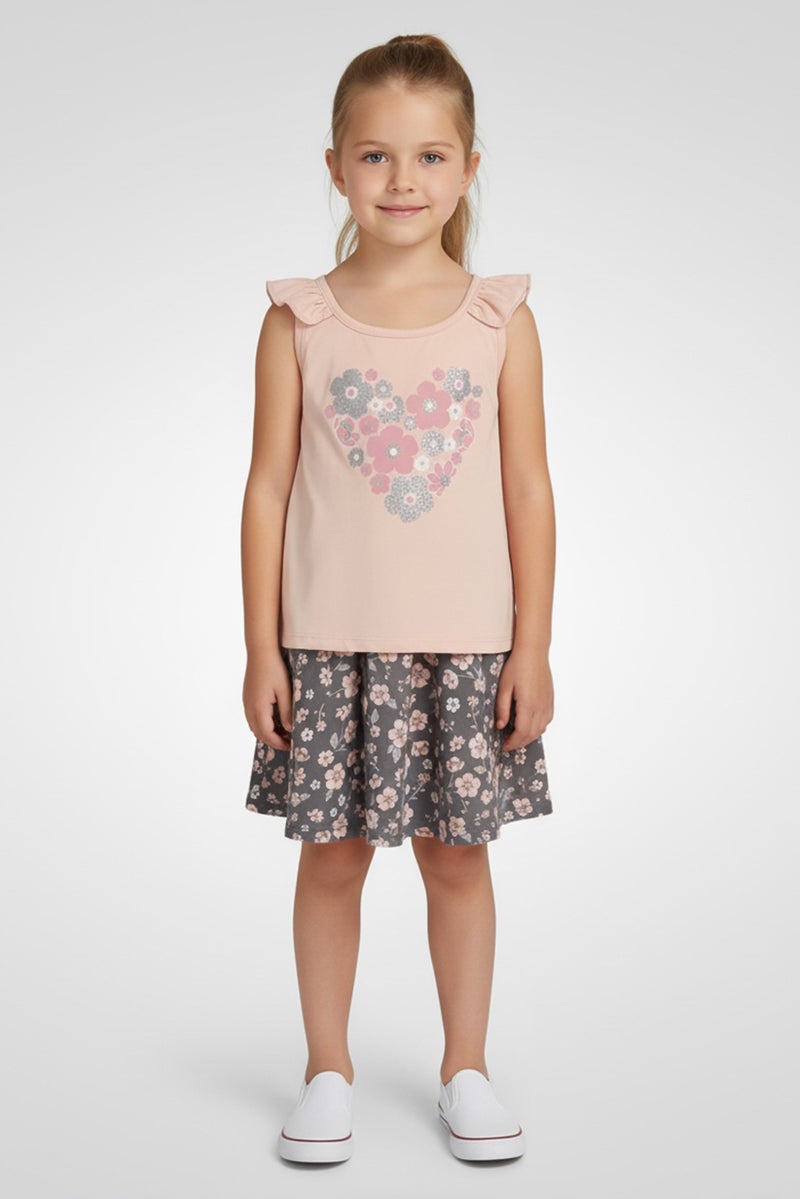 little lass Kids Girl 2 Pieces Floral Print Top And Skort Set, Multicolor - Image 1