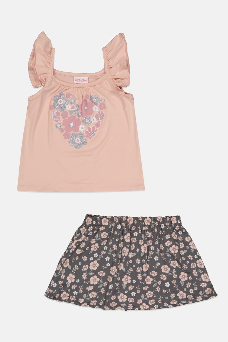 little lass Kids Girl 2 Pieces Floral Print Top And Skort Set, Multicolor - Image 2
