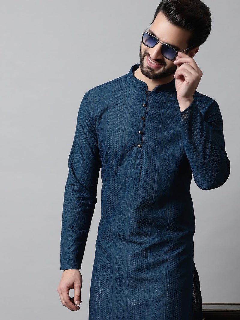 Jompers Men's Embroiderd Kurtas (Teal, XL) - Image 4