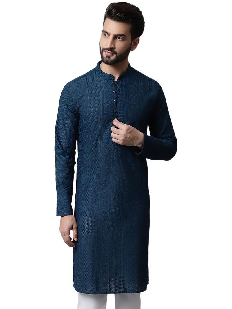 Jompers Men's Embroiderd Kurtas (Teal, XL) - Image 1