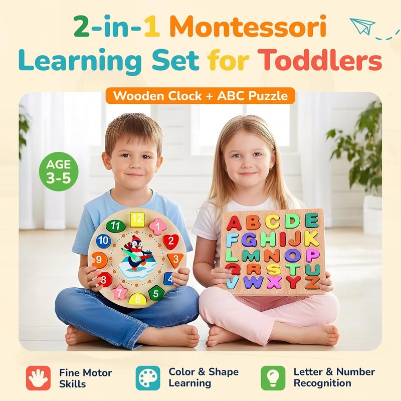 Neobloom Small Wooden Clock & Alphabet Puzzle Set – Montessori Learning Toy for Kids Age 3–5 Teach Time, ABC, Shapes & Fine Motor Skills Safe Non-Toxic Wooden Educational Toy for Toddlers Small Size - Image 2