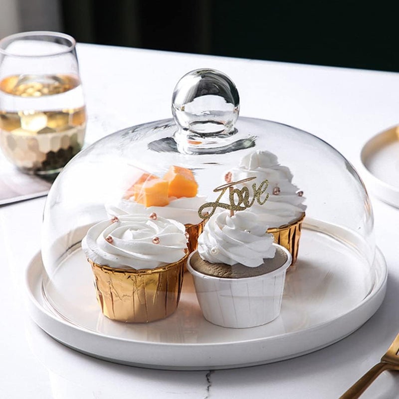 comfrt Round Cake Tray with Dome White Ceramic Cake Plate Server and Clear Glass Dome Cake Stand Serving Tray Dessert Plate Fruit Platter with Glass Cover 8 inch - Image 2