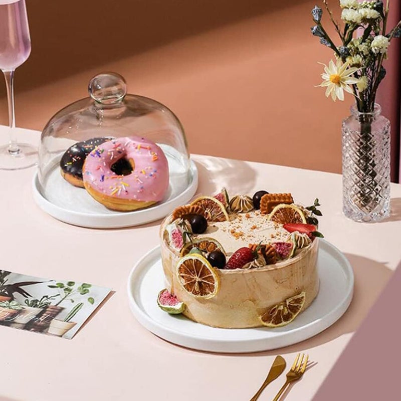 comfrt Round Cake Tray with Dome White Ceramic Cake Plate Server and Clear Glass Dome Cake Stand Serving Tray Dessert Plate Fruit Platter with Glass Cover 8 inch - Image 4