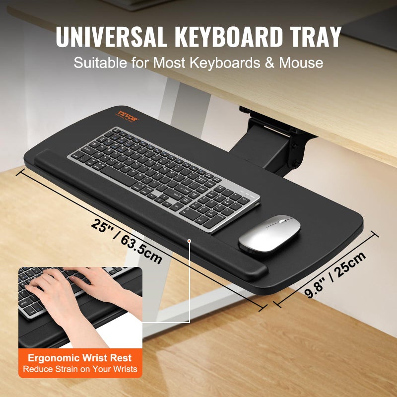 VEVOR Under-Desk Keyboard Tray, Adjustable for Height and Tilt, Slide-Out Design, Spacious 25x9.8 Inch Surface, Ideal for Home and Office Use - Image 3