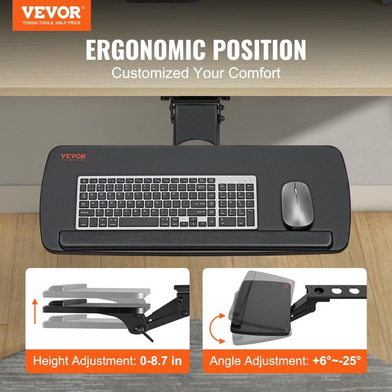 VEVOR Under-Desk Keyboard Tray, Adjustable for Height and Tilt, Slide-Out Design, Spacious 25x9.8 Inch Surface, Ideal for Home and Office Use - Image 2