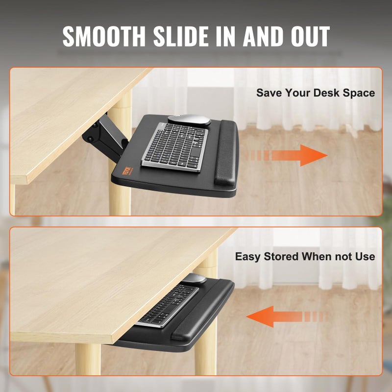 VEVOR Under-Desk Keyboard Tray, Adjustable for Height and Tilt, Slide-Out Design, Spacious 25x9.8 Inch Surface, Ideal for Home and Office Use - Image 4