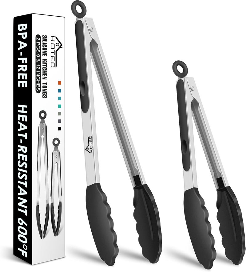 HOTEC Premium Stainless Steel Locking Kitchen Tongs with Silicon Tips, Set of 2-9" and 12" - Image 1