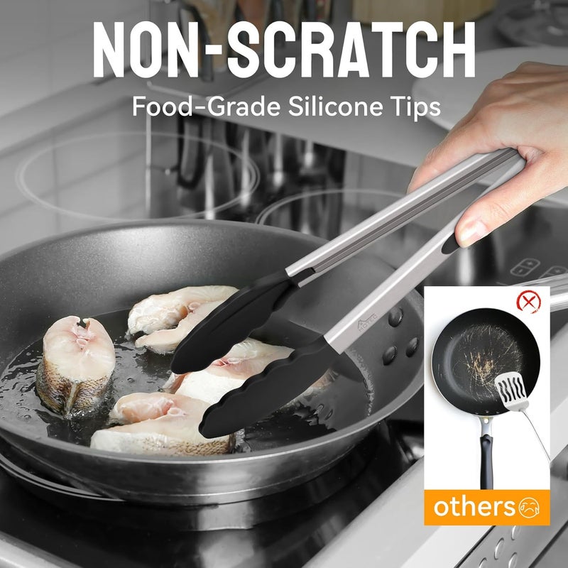 HOTEC Premium Stainless Steel Locking Kitchen Tongs with Silicon Tips, Set of 2-9" and 12" - Image 3