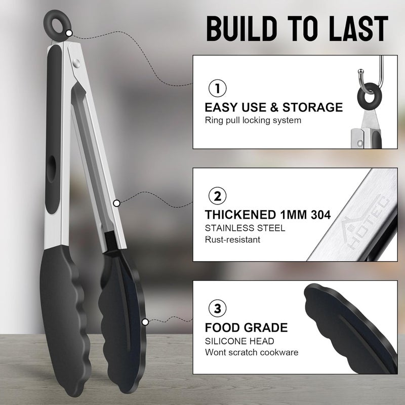 HOTEC Premium Stainless Steel Locking Kitchen Tongs with Silicon Tips, Set of 2-9" and 12" - Image 5
