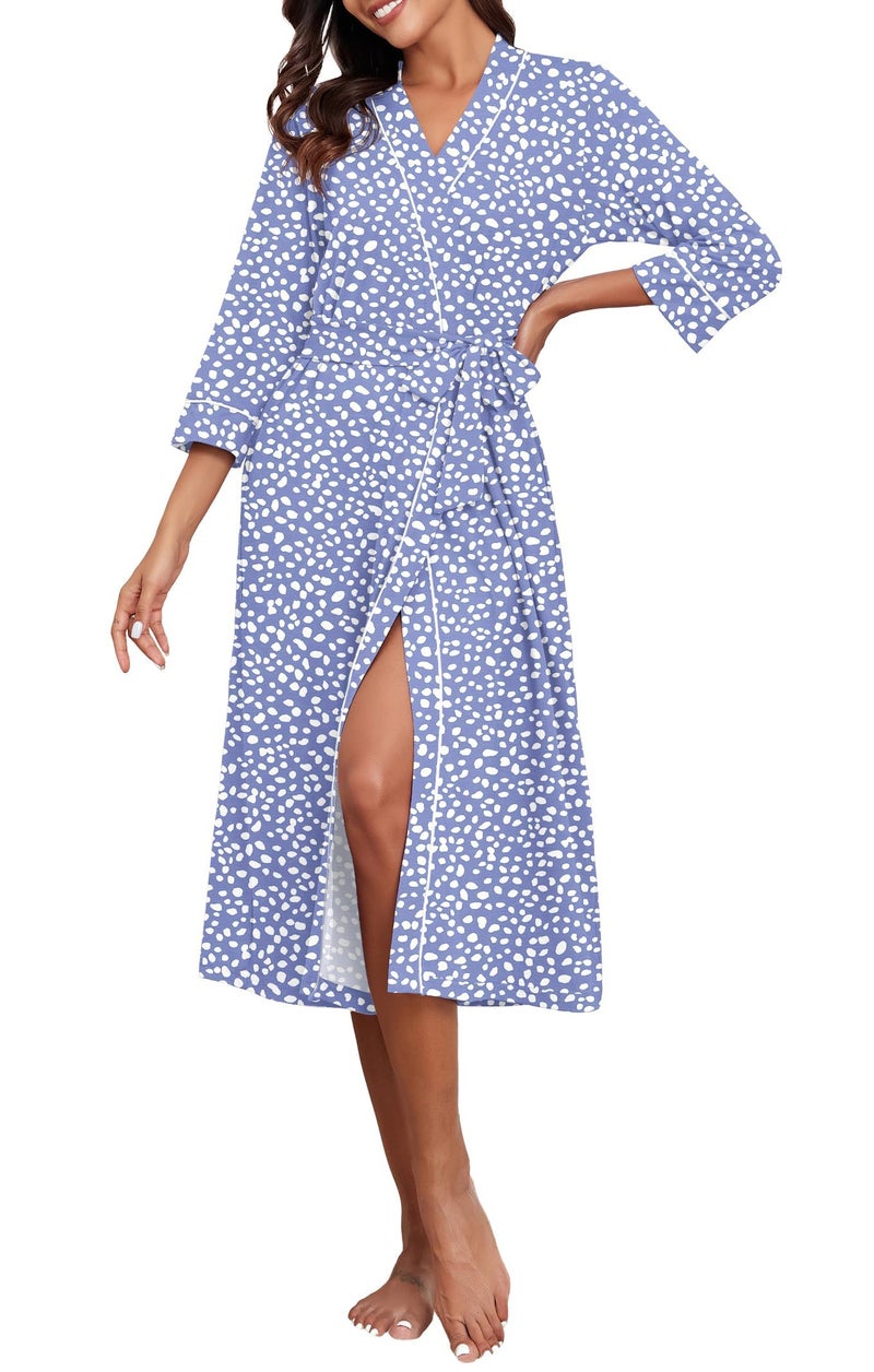 PrinStory Womens Robe Long Kint Bathrobe Lightweight Soft Robes Ladies Bath Robe Spot Blue-L - Image 2