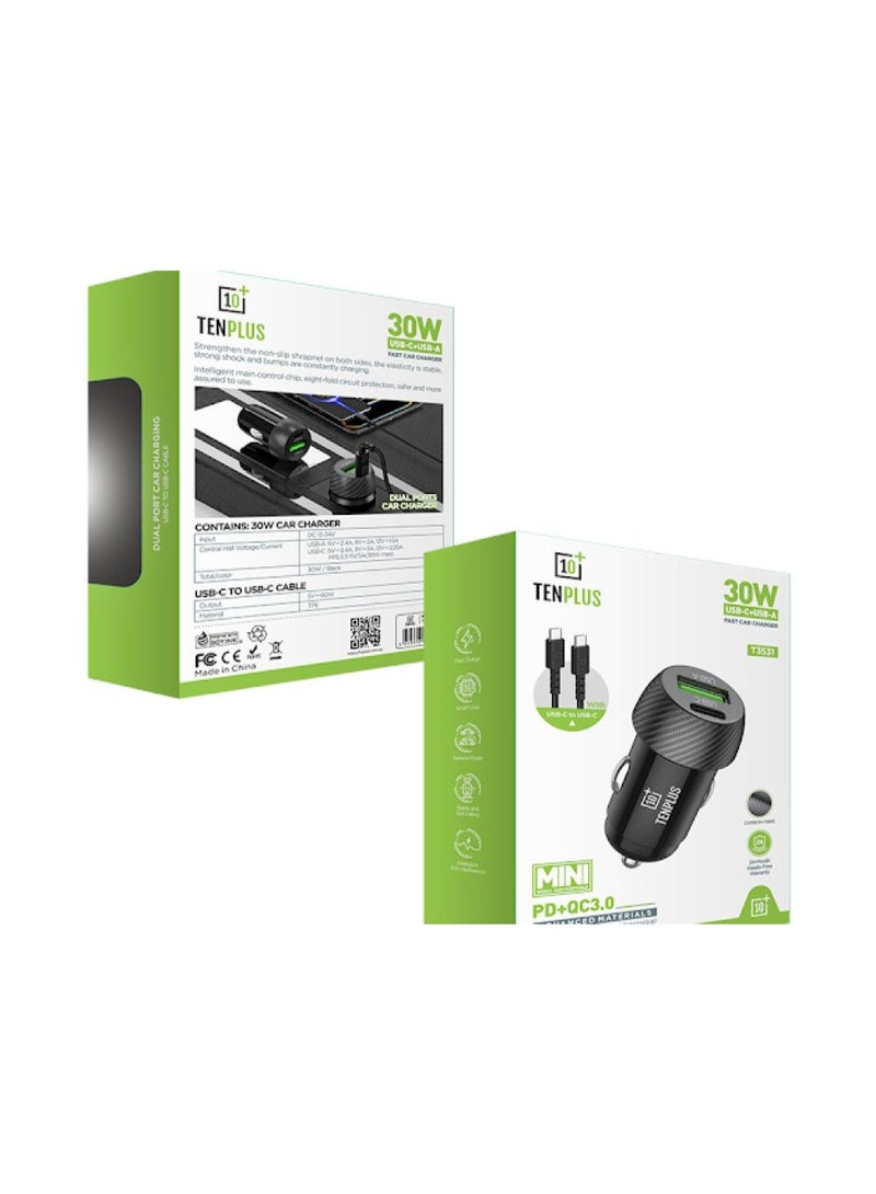 تنبلس شاحن سيارة شحن سريع PD 30 وات مزدوج المنفذ USB C QCPD SCP محول شاحن سيارة سريع مع كابل USB C إلى USB C لهاتف iPhone 17 16 15 Series Galaxy S25 S24 Ultra iPad Pro Xiaomi Honor Apple Watch 1M أسود - Image 3