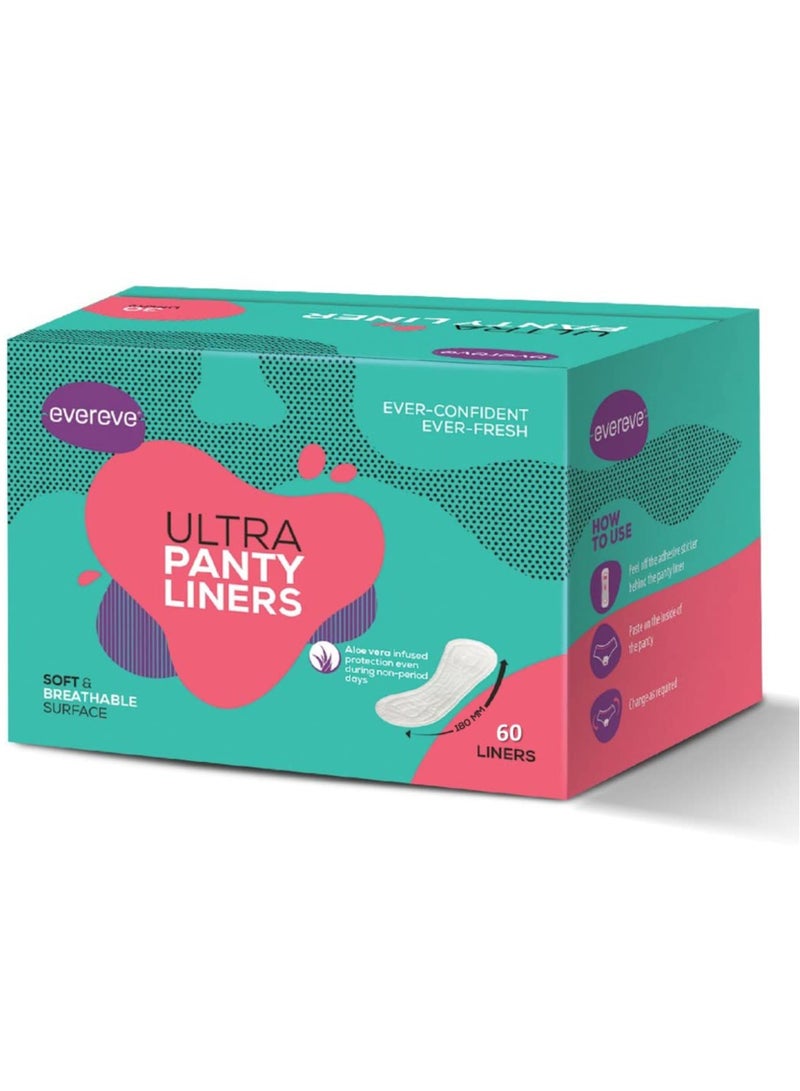 Evereve Evereve Anti-Bacterial Panty Liners for Women, Pack of 60, 180mm Length, with Aloe Vera, Protection Against Leakage, Discharge & Rashes for 8 hours, provides freshness for non-period days & spotting - Image 1