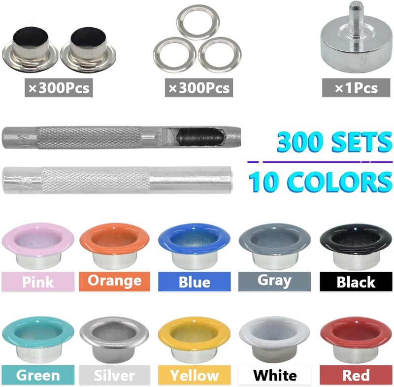Renashed Grommets Kit 1/4 inch Metal Eyelets 300 Set for Bag Shoes Clothes Crafts, 10 Colors - Image 3